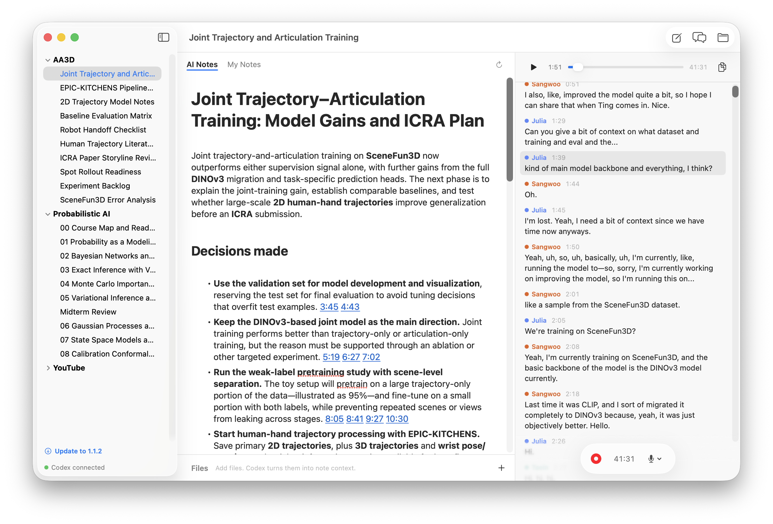 The Simbi app: a note with AI summary, timestamped citations, and a live speaker-labelled transcript beside the recording